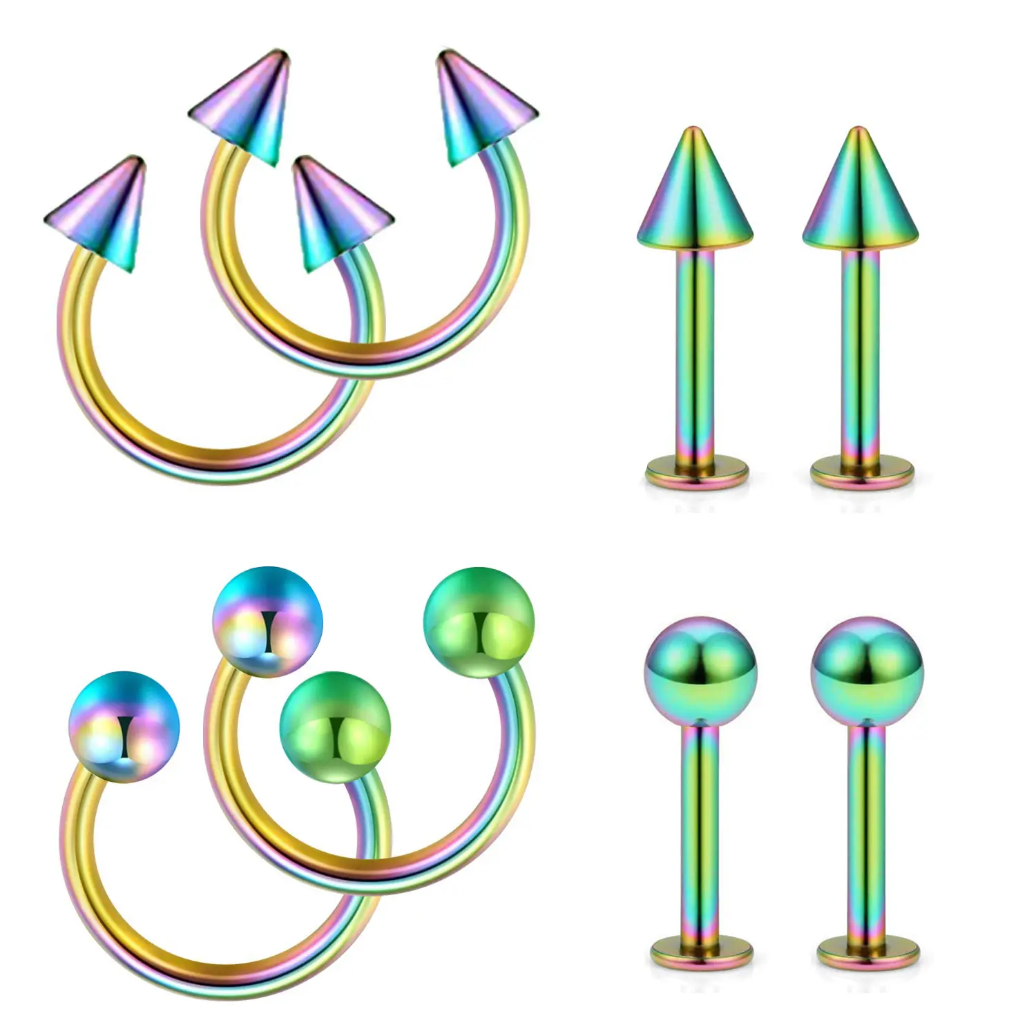 OIDEA 8-Piece Surgical Steel Body Jewelry Set, Hypoallergenic Horseshoe Septum Rings with Spikes, Unisex 14G-20G 8mm Piercings for Lip & Cartilage, Mixed Color, Precise 20G Fit, Horse-Shoe Barbell Design, Stainless Steel, Daily, Surgical Steel Piercing Je