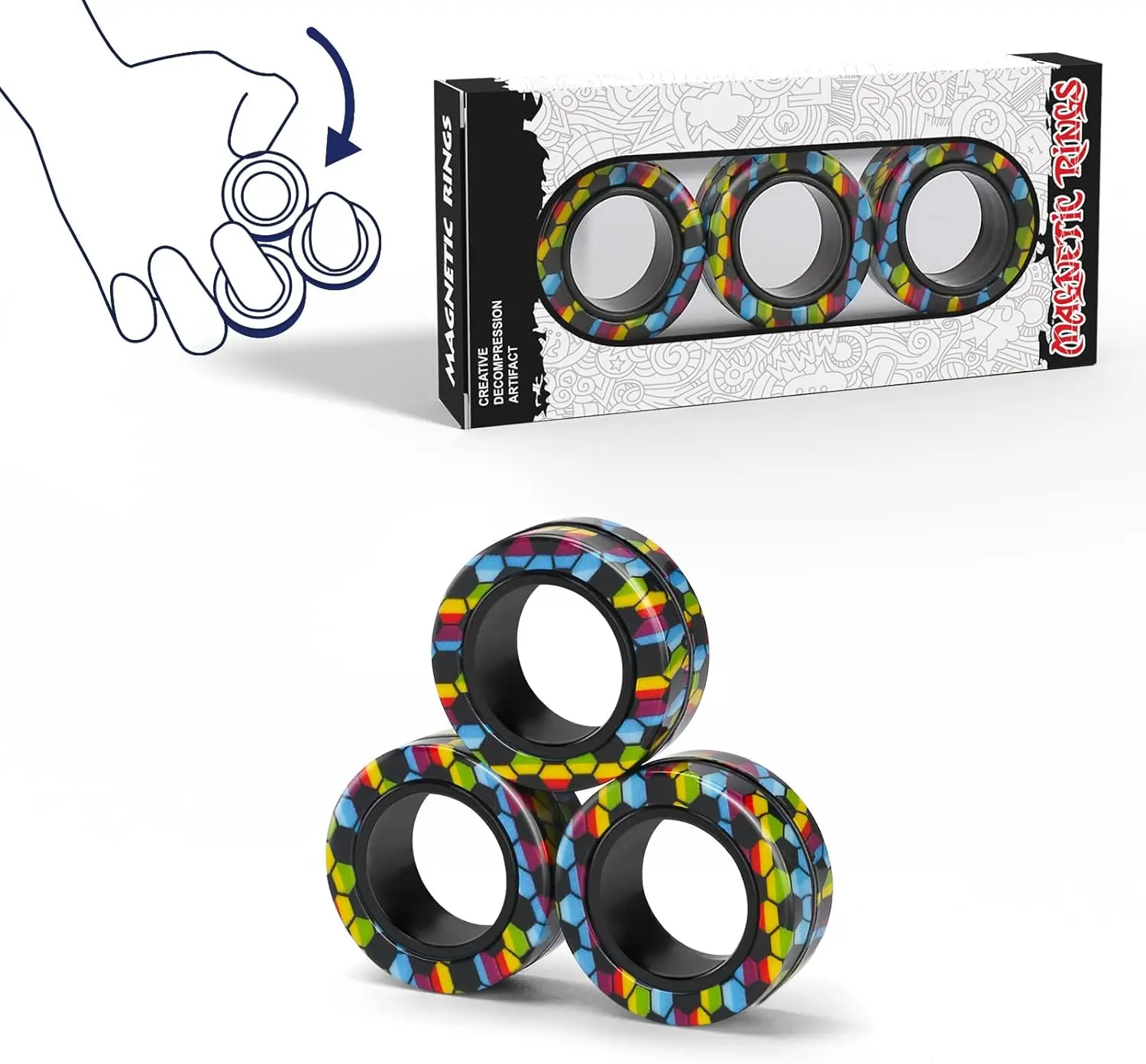 Magnetic Rings Fidget Toy Set, Idea ADHD Fidget Toys, Adult Fidget Magnets Spinner Rings for Anxiety Relief Therapy, Fidget Pack Great Gift for Adults Teens Kids Easter Basket Stuffers (3PCS) Finger Rock