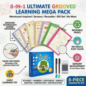8-in-1 Mega Pack Magic Grooved Practice Copybook Montessori Inspired Sensory Gift Set Reusable No Mess Early Learning Toy for Kids Alphabet Math Addition Subtraction Multiplication Division Animals Vegetables Vehicles Drawing Workboo