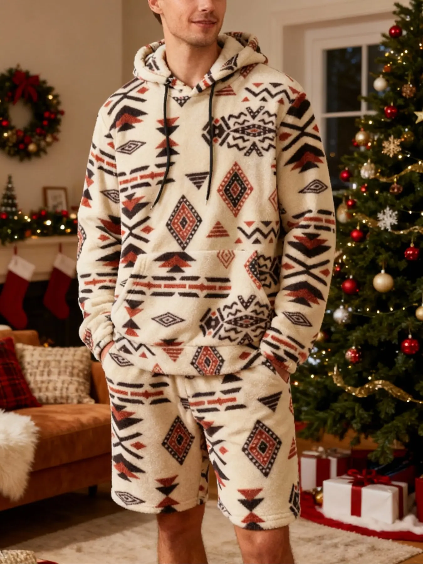 Men's Fleece Hoodie & Shorts Set, Aztec Geometric Print 2-Piece Outfit, Soft Warm Festive Loungewear for Christmas, Casual Wear & Fall/Winter, Perfect Christmas Gift