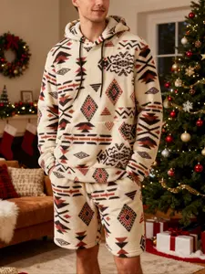 Men's Fleece Long Sleeves Hoodie & Shorts Set, Aztec Geometric Print Fitted 2-Piece Outfit, Cozy Set, Soft Warm Festive Loungewear for Christmas, Casual Wear & Fall/Winter, Perfect Christmas Gift