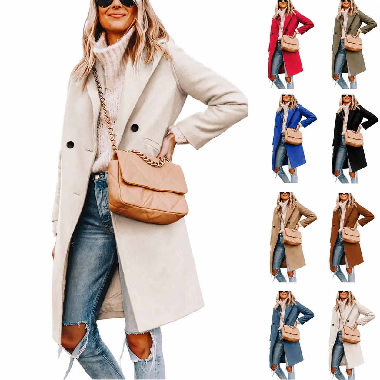 Naeduo Women's Winter Wool Blend Coat Casual Notch Lapel Single-Breasted Peacoat Knee-length Mid Long Pea Trench Overcoat