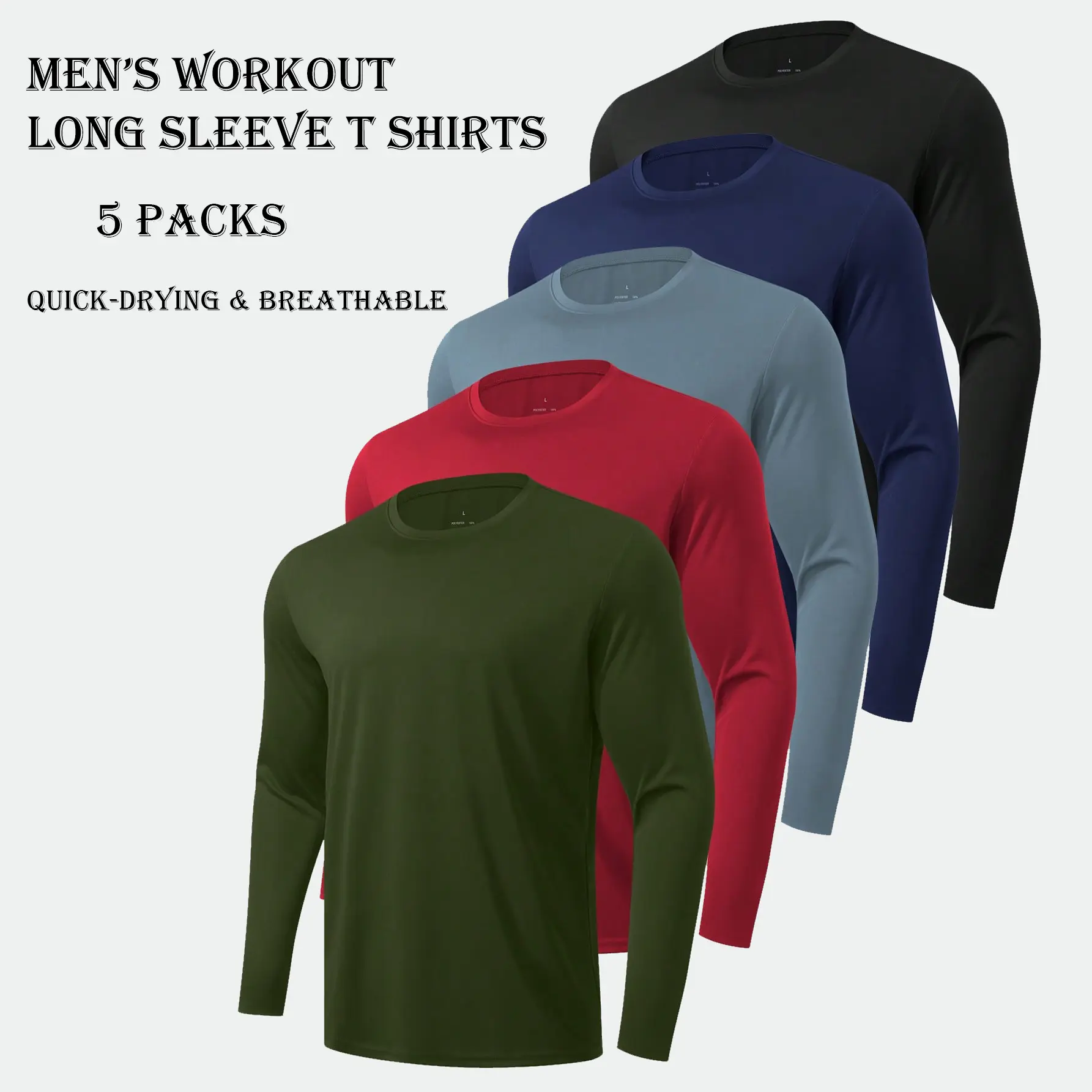 5 Pack Men’s Long Sleeve T Shirts Workout Tops for Men Moisture Wicking UPF SPF Sun Protection Tee Shirts Absorbs Sweat Breathable Sports Tops Energetic Multi-Color Workout T Shirts Casual For Football Gym Running Sports sohochic