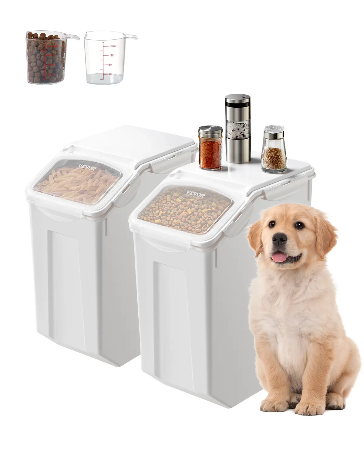 【summerfinds】VEVOR Rice Storage Container, 4.5Gallon/20L x2 Capacity Large Dog Food Dispenser Bin, Kitchen Ingredient Grain Cereal Flour Bin, Pet food Containers with Wheels, 2 Measuring Cups, Airtight Lid, 2 Pack, Detachable, Food Storage