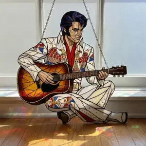 Elvis Presley Handmade Stained Glass Rock and Roll Legend Suncatcher - Iconic Musician with Guitar Wall Art Decor - Unique Vintage Style Window Hanging Gift