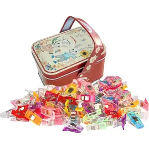 Sewing Clips with Tin Box, 100 count Assorted Color Craft Clips for Fabric and Quilting, Binding Clips for Sewing Notions and DIY Patchwork