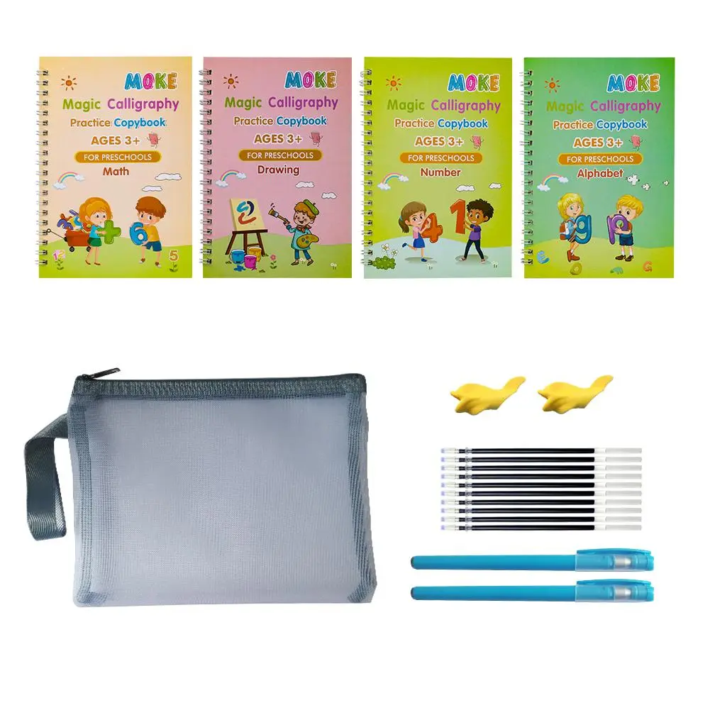 Magic Writing Practice Book, 1 Set Magic Practice Copybook, Including 4 Reusable Magic Writing Book & 2 Pen & 10 Pen Refill & 1 Storage Bag & 2 Pen Holder, Tracing Preschool Books, Learning Materials