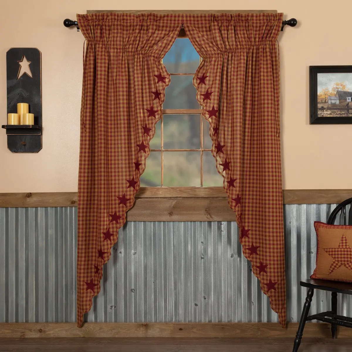 Bedford Burgundy Curtains, 100% Cotton Long Prairie Curtains with 5-Point Stars, Tan Accents, Drawstring Ties