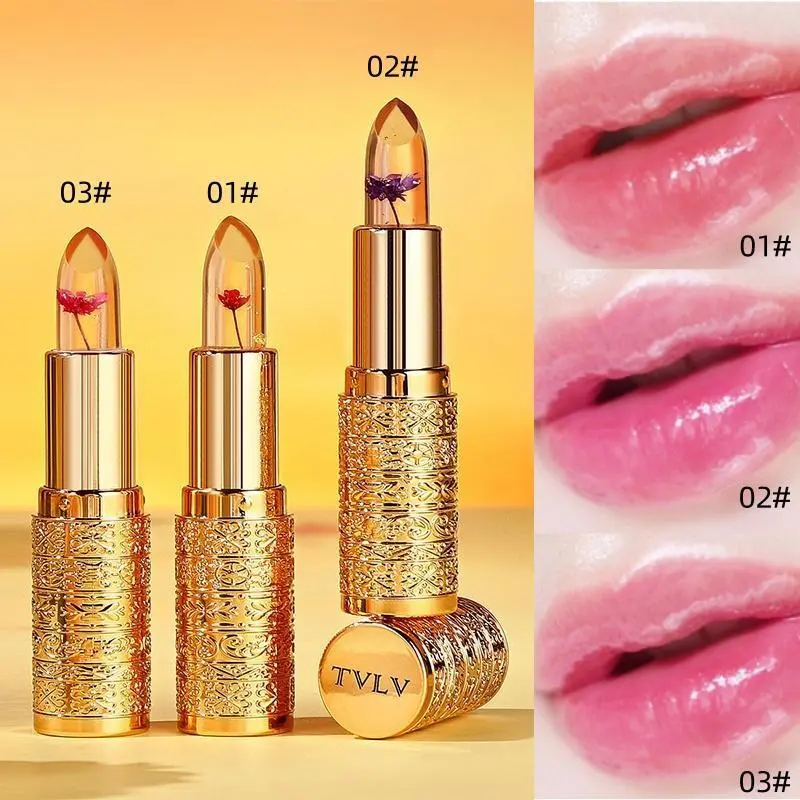 Long-Lasting Transparent Petal Color-Changing Lipstick - 3 Shades (Pink, Red, Purple) With Golden Accents Waterproof Long-Lasting Moisturizing Thermochromic Lip Gloss Cosmetics, Lip Care Lip Gloss, Hydrating Makeup