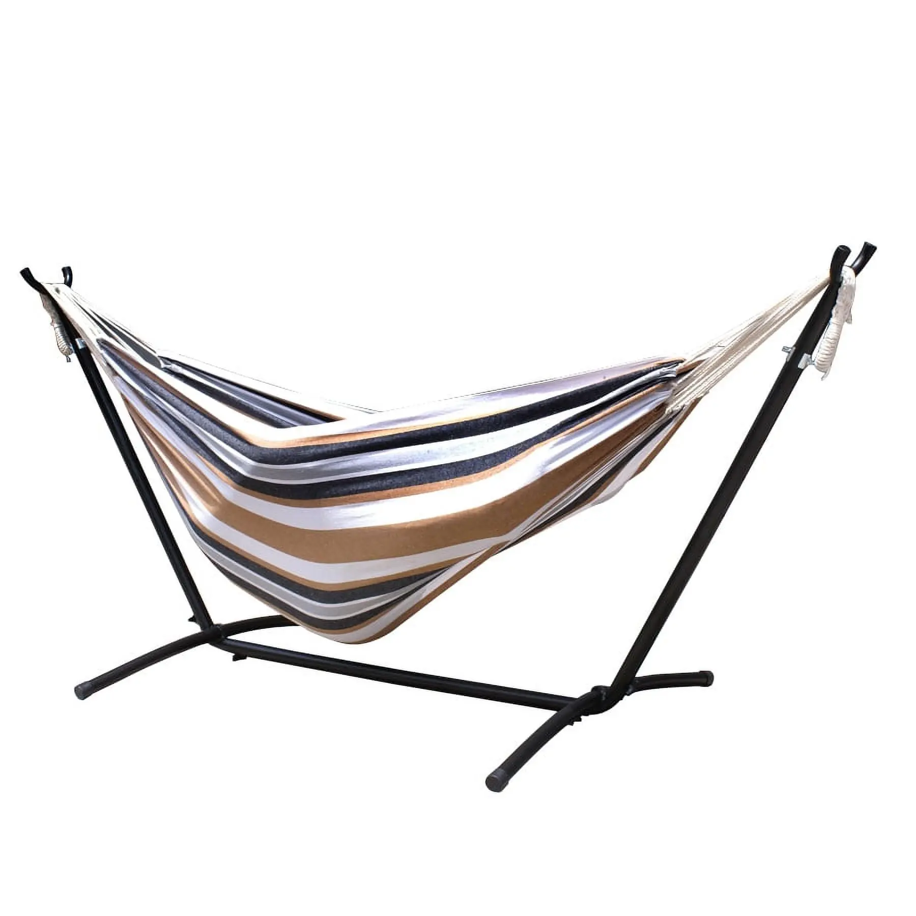 9ft Adjustable Double Waterproof Hammock with Steel Frame, Carrier, 59x79in Striped Tan Outdoor Hanging Chair Patio Furniture