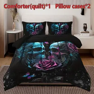 3pcs Rose Floral Skull Quilt Set (1 Quilt + 2 Pillowcases), Soft Breathable Printed Home Dorm Bedding, All Seasons Comfort, Breathable Duvet Set