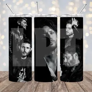 Jensen Ackles 20 oz Tumbler Drinkware Cup Beverage Lid Straw Water Bottle Washable Black and White Perfect gift Supernatural Dean Winchester SPN