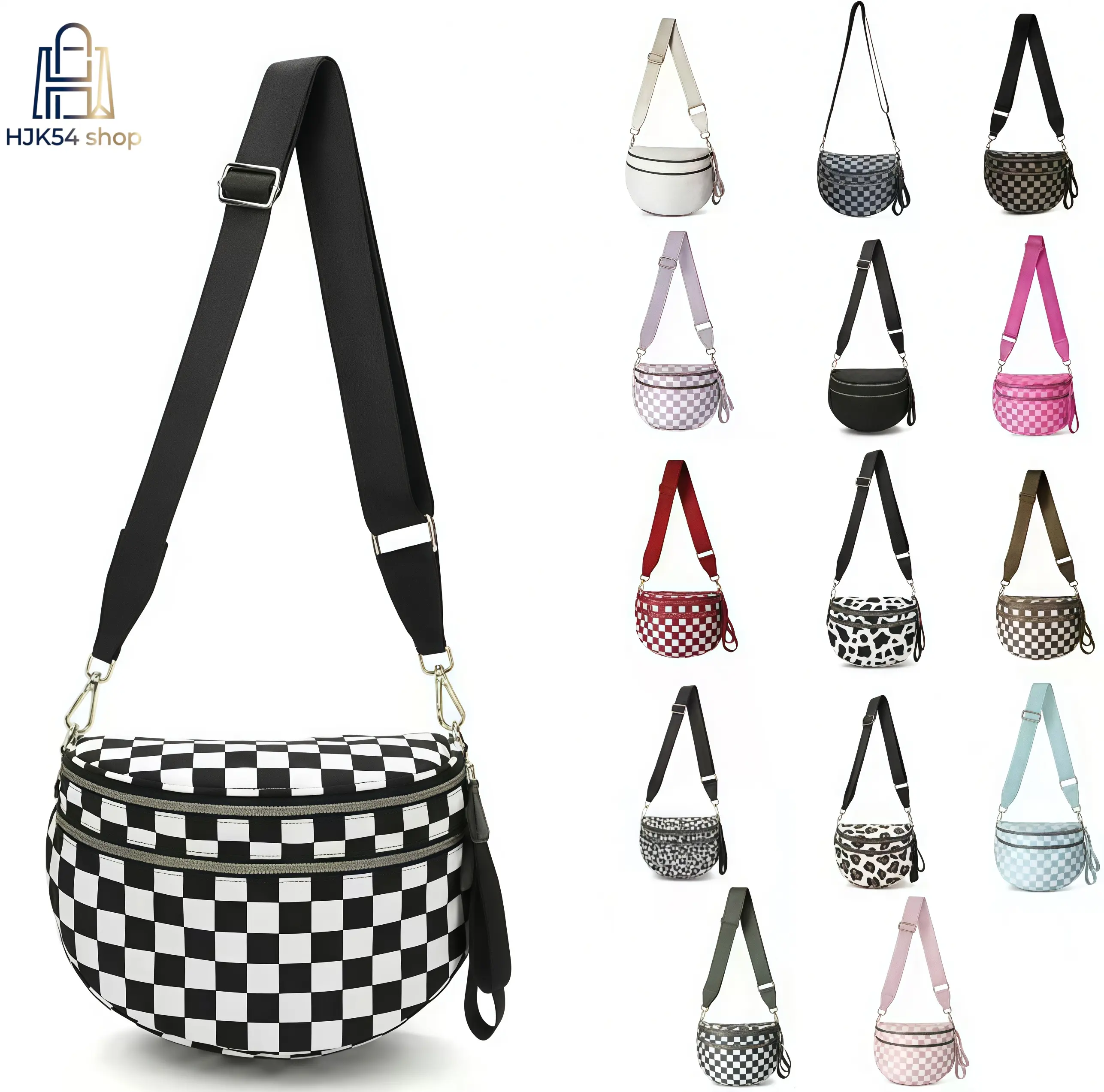 Women's Trendy Crescent Checkerboard Nylon Geometric Pattern Crossbody Bag - Adjustable Crossbody Shoulder Wide Strap, 2-Zipper Pocket, Lightweight Casual Zipper Purse, Fashion Chest Messenger Bag for Daily Travel, Outdoor Sports