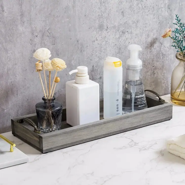 16 Inch Gray Wood Toilet Tank Tray Organizer, Bathroom Vanity Rectangular Tray with Antique Brass Tone Metal Handles