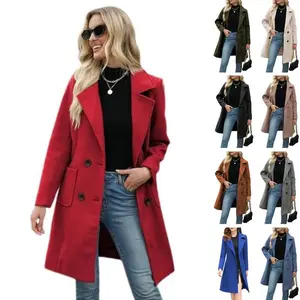 Women's Winter Wool Blended Camel Mid-Length Lapel Double Breasted Coat
