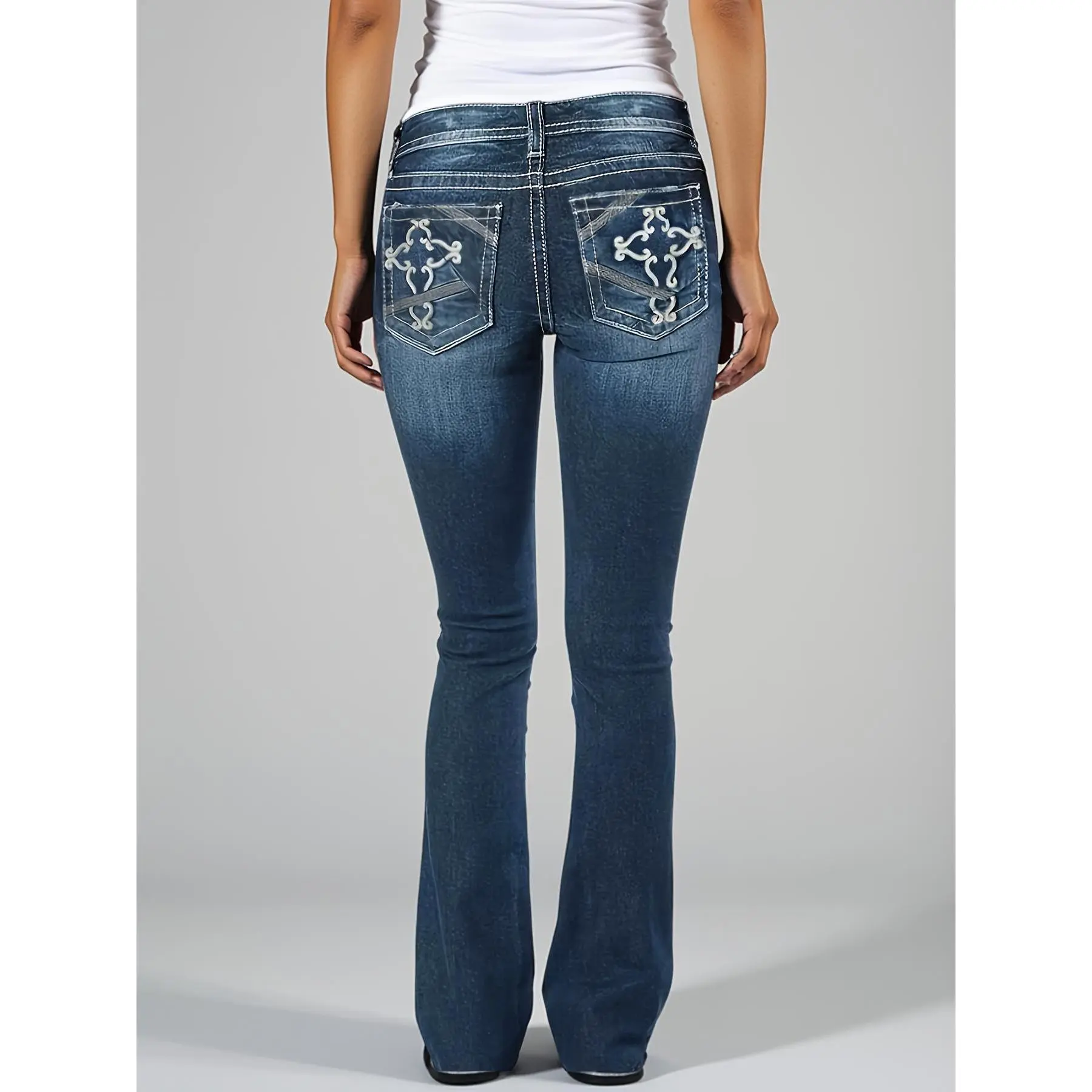 Women's Flare Bootcut Jeans with Back Embroidery, Mid Waist Polyester Denim for All Seasons with Stylish Chain Accent, Pants, Holiday, Casual, Flared, Bottom, Clothes