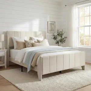 Yechen Boucle Wingback Full Bed Frame, Ivory Upholstered Platform Bed with Enclosed Footboard | Vertical Channel Tufting | Easy Assembly & Noise-Free | No Box Spring Needed