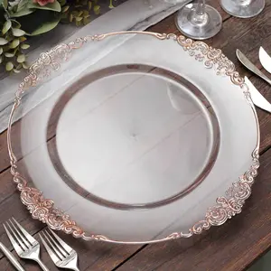 6-Pack Acrylic Charger Plates 13" Round Clear with Rose Gold Embossed Baroque Rim - Antique Decorative Dinner Tableware