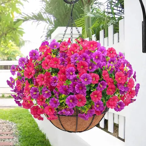 Artificial Hanging Flower, UV Resistant Fake Flower with Hanging Basket, Decorative Faux Flower for Outdoor Garden, Spring Decorations for Patio Porch