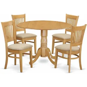 East West Furniture  5 Piece Kitchen Table & Chairs Set Includes a Round Dining Room Table with Dropleaf and 4 Linen Fabric Upholstered Chairs, 42x42 Inch, Oak