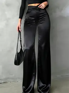 Women's Satin Smooth Straight Leg Pants, Irregular V Waistline, Casual Fitted Long Pants, Perfect for Daily Wear, Office, Dates, Holidays