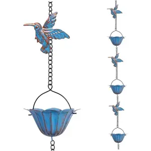 Blue Hummingbird Rain Chain, Durable Iron, Creative Outdoor Garden Decor, Modern Aesthetic, Weather-Resistant, 7 Cups 8 Birds