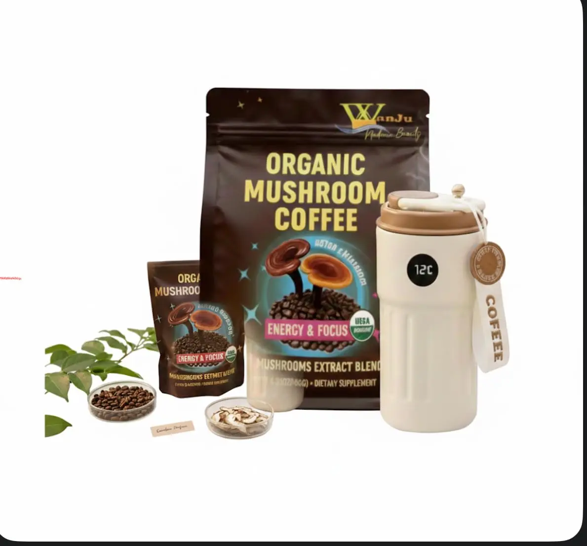 WanJu Nature Beauty Organic Mushroom Coffee Powder, 10-Mushroom Extract Blend (4000mg), USDA Organic, 8.35oz Drink Beverage, Energy & Focus, Coffee Replacement, Home Cafe Dark Roast, Free Stainless Steel Vacuum Mug