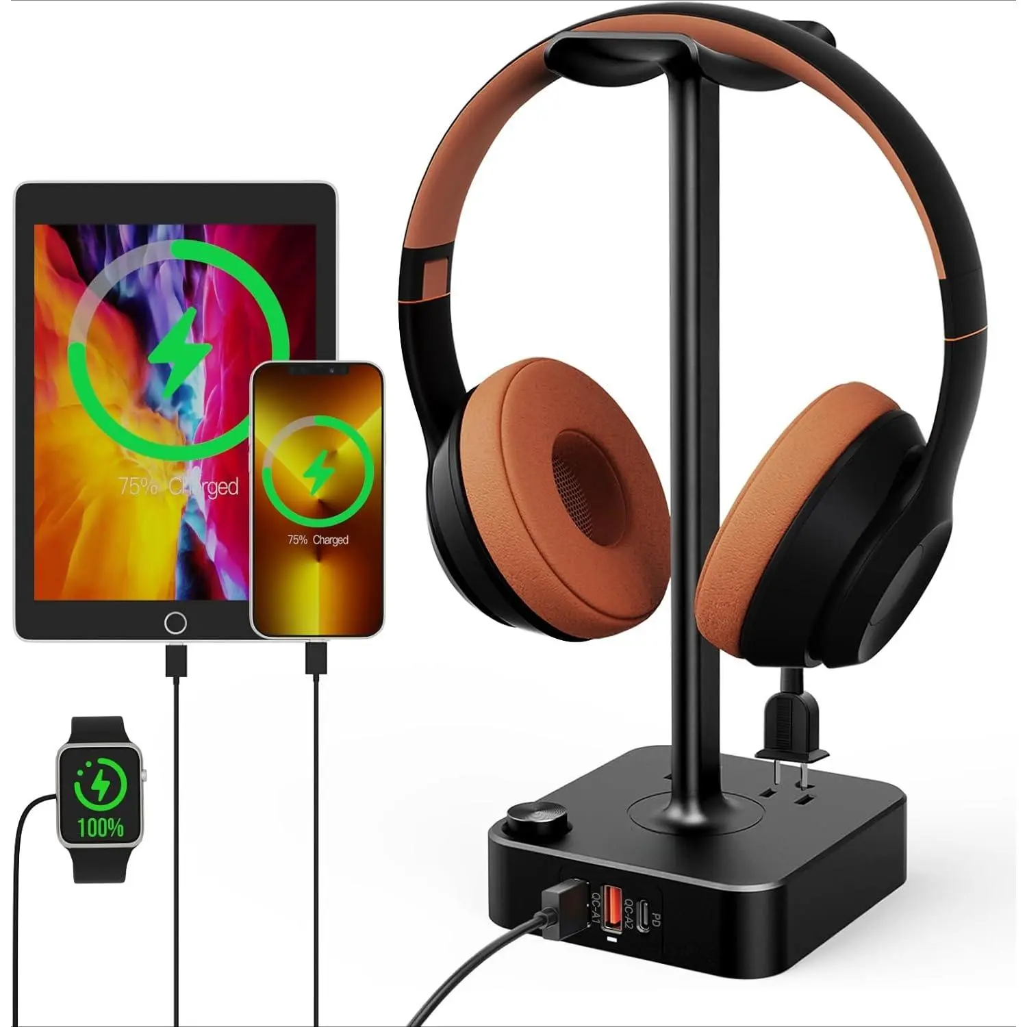 P-CPS024 Plastic Shell Headphone Stand with USB Charger, 3 USB Ports, 2-Outlet Power Strip Plug, Desktop Desk Accessory for Gamers, Tablet, Ipads, Oculus & Electronic Devices (Great Gift for Boyfriend)