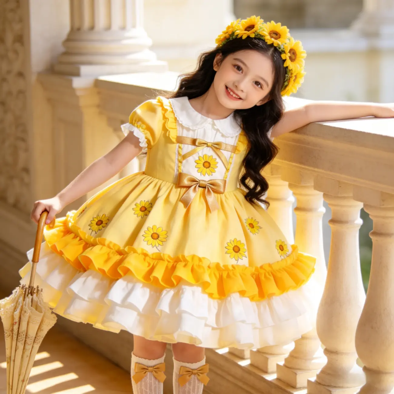 Girls’ Sunflower Princess Dress – Summer Multi-Layer Cake Dress with Puff Skirt, Doll Collar, Small Floral Print, Yellow Formal Dress Little Girl Dress Dresses For Summer