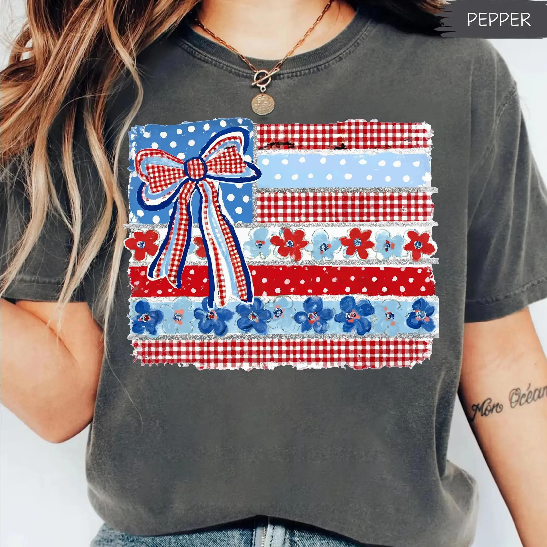 Comfort Colors Coquette Bow Ditsy Floral American Flag Funny 4th Of July Shirt, Retro Checkered USA Fourth Of July Independence Day Patriotic Graphic Tee