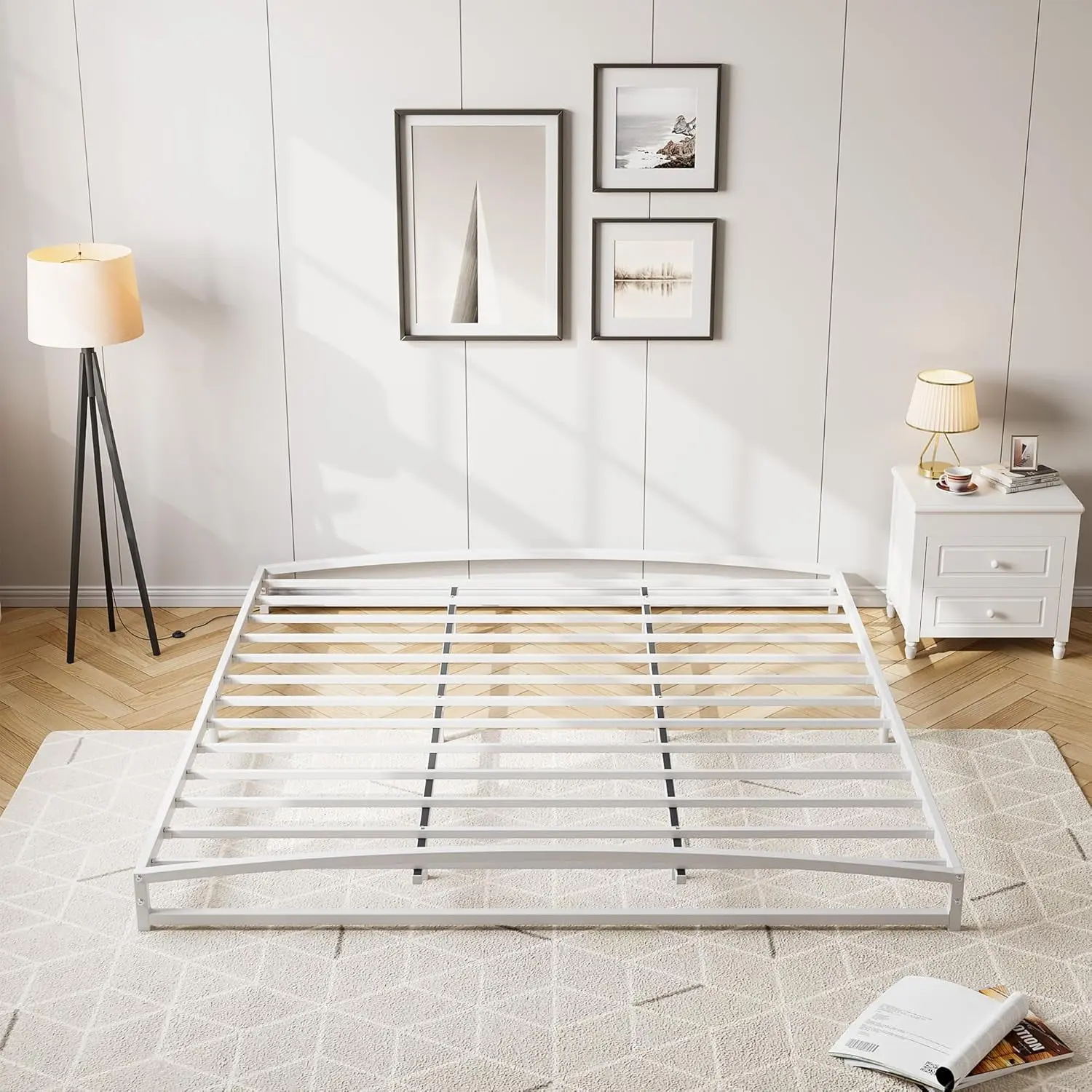 Gaomon King Size Modern Platform Bed Frame - 6 in Heavy Duty Steel Slat Metal Mattress Foundation, Arch Design, Noise-Free, No Box Spring Needed, Easy Assembly, Non-Slip White