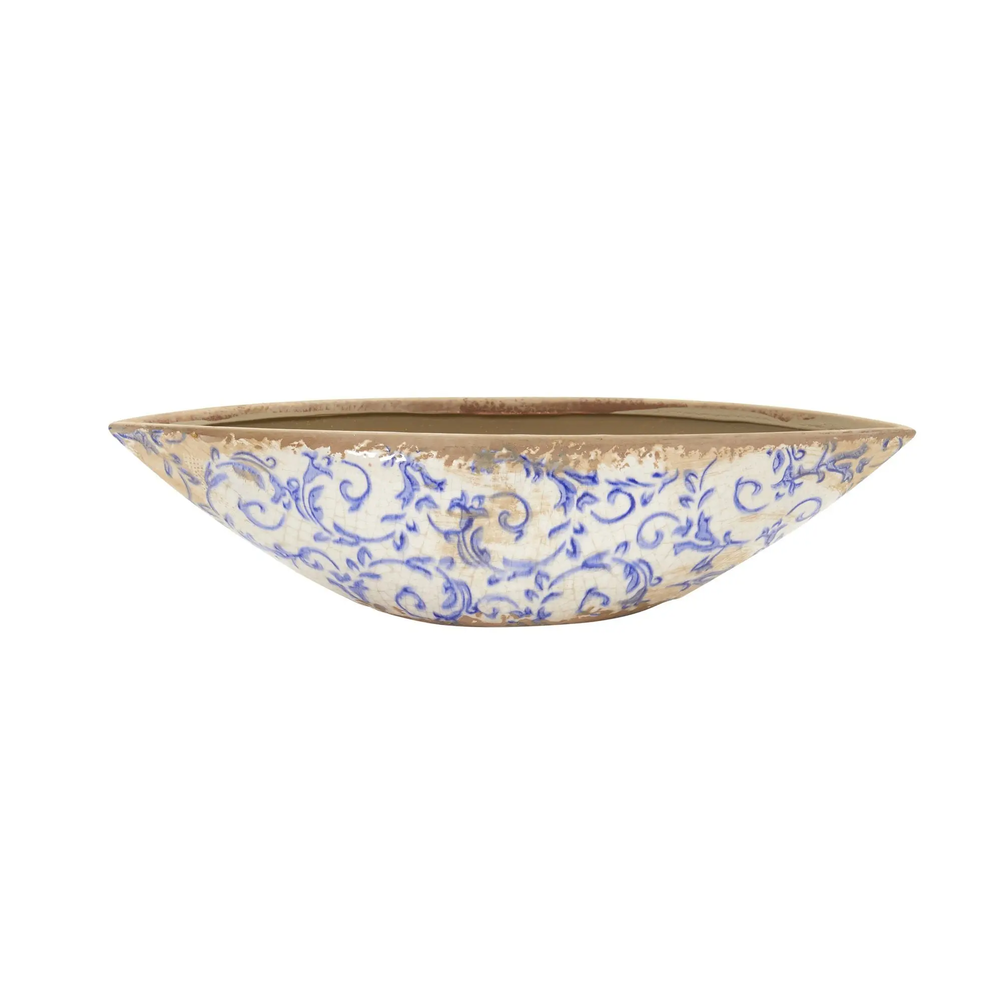 13” Tuscan Blue Scroll Ceramic Decorative Bowl with Saucer, Indoor Kitchen Tableware
