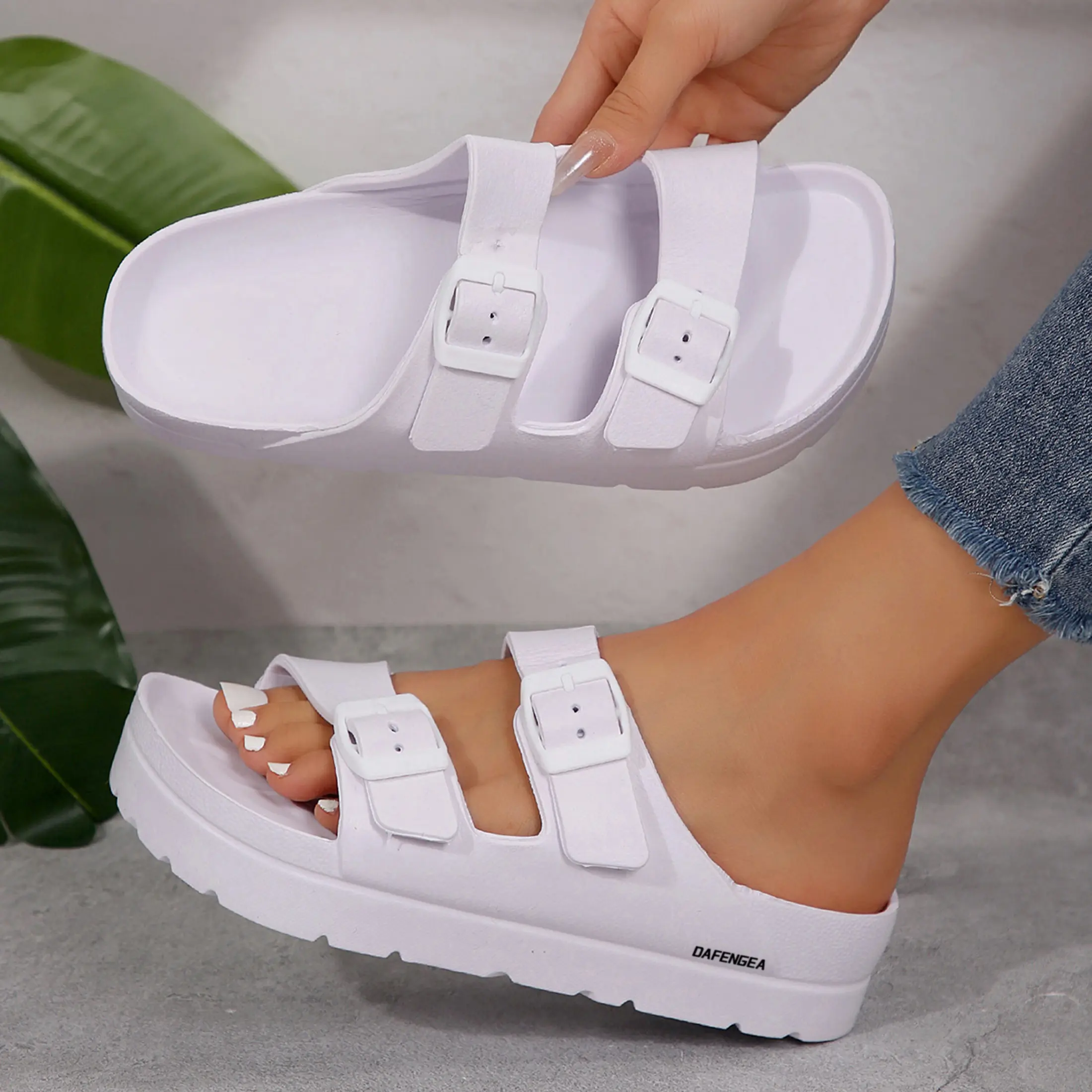 Women's Platform Sandals Stylish Waterproof Beach Slides with Adjustable Double Buckle and Comfortable EVA Flat Soles Lightweight Slipper Strap Slippers Footwear Flipflop