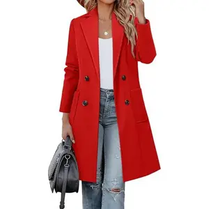 Women's Winter Wool Blend Mid-Length Coat with Turn-Down Collar and Double-Breasted Jacket