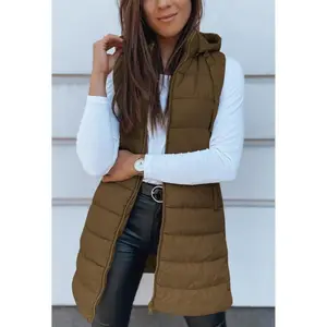 Women's Long Vest Solid Color Sleeveless Hooded Winter Down Vest Jacket