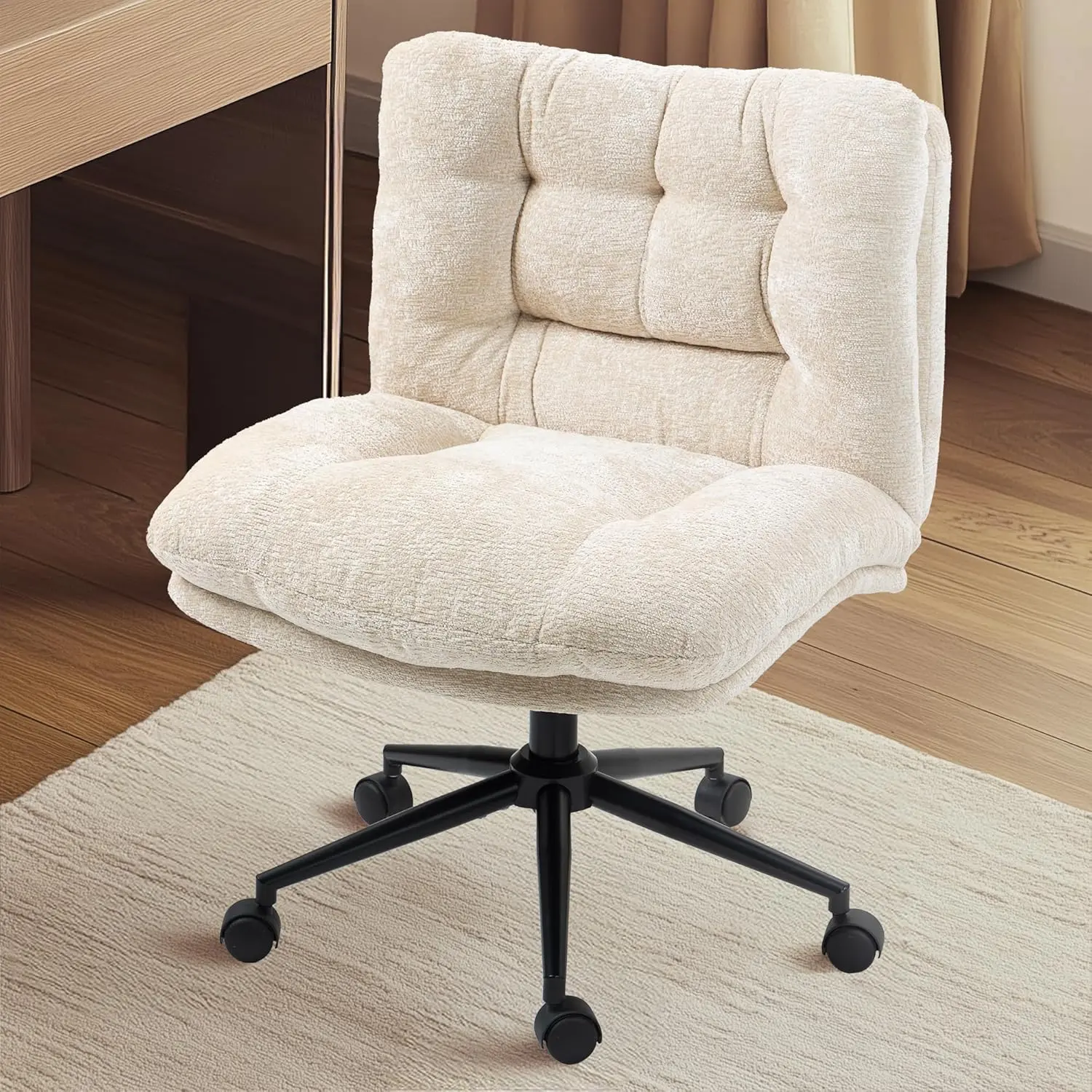 [DealsForYouDays] Extra Large Criss Cross Chair, Oversized Chair with Wheels, Dual-Layer Thickened Cushion, Premium Fabric Morden Home Vanity Chair Wide Seat