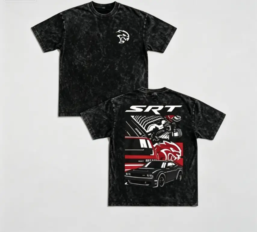 SRT Hellcat Hemi Engine Dodge Challenger Double Sided Graphic T-Shirt, Vintage Muscle Car Modified Washed Cotton Tee, Car Enthusiast Unisex Top