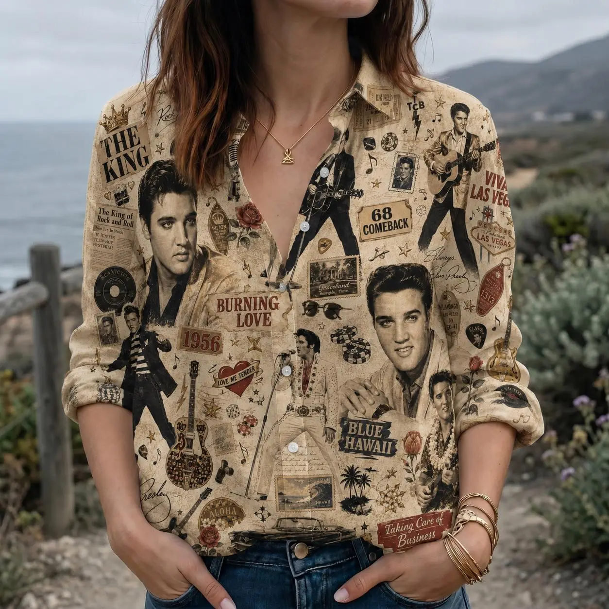 Elvis Presley Blouse Shirt, Vintage Rock and Roll Shirt for Women, Retro Music Button Up, Vegas Collage Shirt, Rockabilly Gift