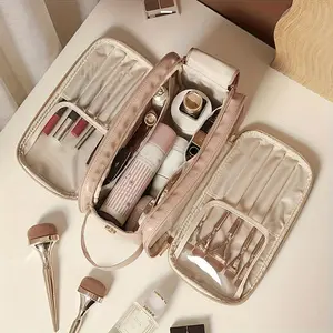 Women's Large Capacity High-Quality Makeup Bag, Three-Fold Travel Cosmetic Organizer, Artificial Leather Lining, Multiple Zip Pockets
