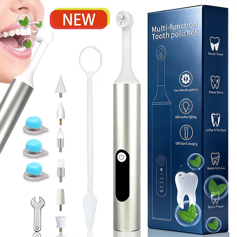 XINGLONGM Portable Personal LED Tooth Polisher – Aluminum Alloy Anti-Slip Texture, teeth whitening, USB Type-C Charging, 6 Accessories & 3 Polishing Paste Units, Personal Portable Dental Care Tool Whitening rechargeable tiktokshopspringglowup Oral