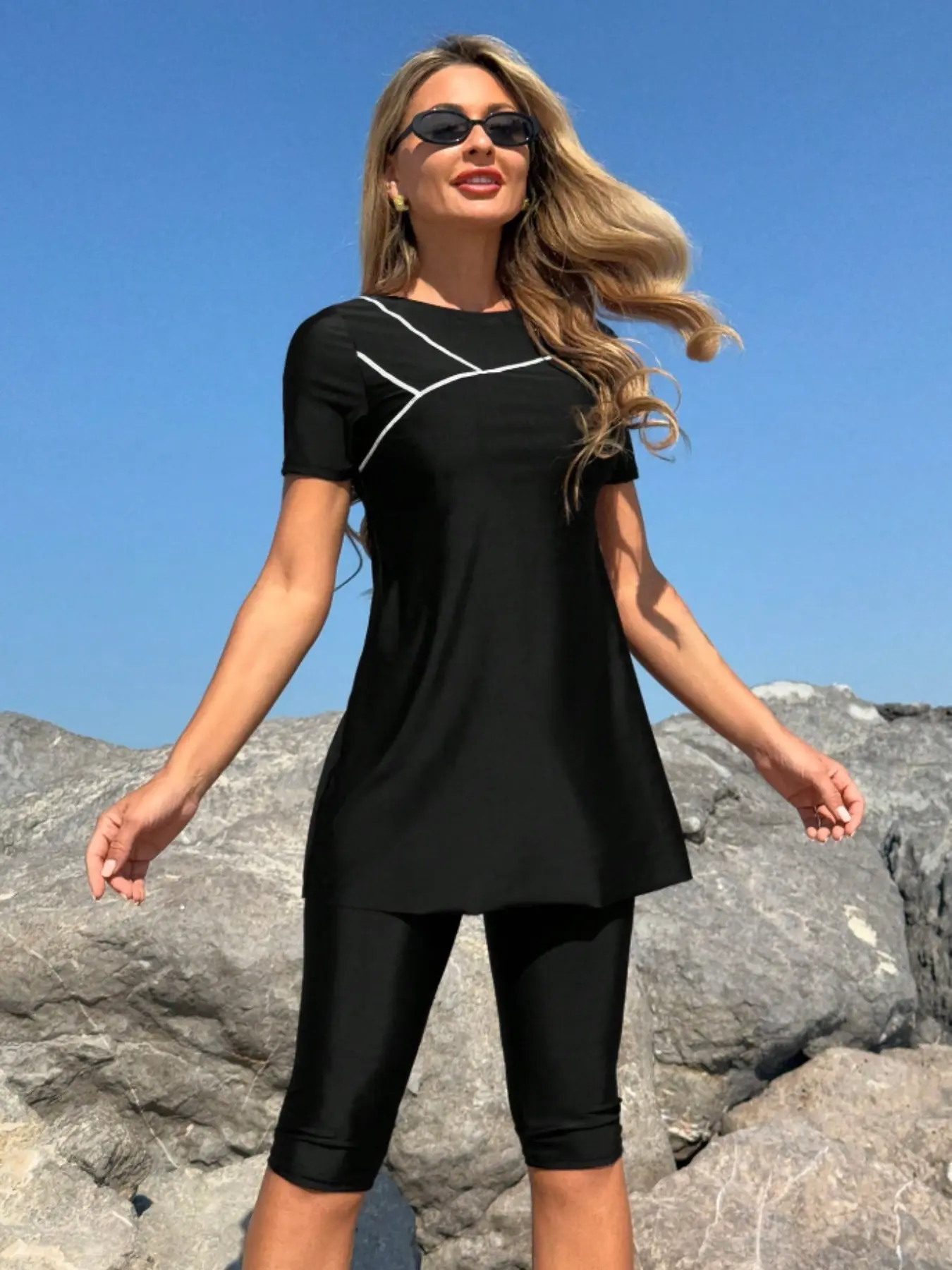 Women's Two-Piece Muslim-Style Conservative Short-Sleeve Tankini Swimsuit, Swimsuit Set, Solid Color Full-Coverage Modest Beachwear for Women, Comfortable and Stylish Swimwear, Full Coverage Swimsuits, Modest Bathing Suits