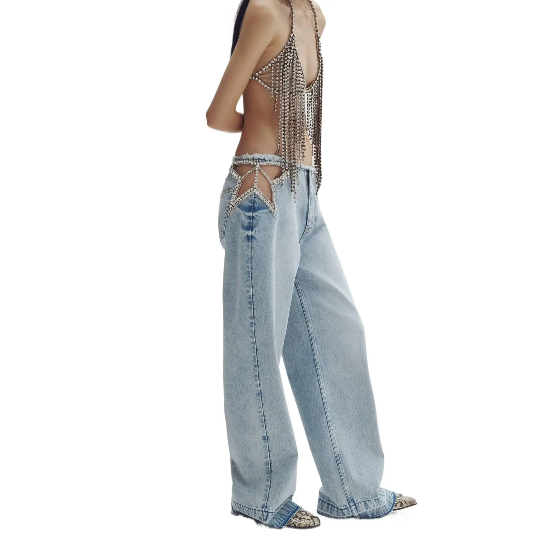 Women's Rhinestone Low-Rise Wide-Leg Jeans - Vintage Crop Washed Denim Pants, Lightweight Cotton-Spandex Fabric, Crystal Embellishment, Everyday Party Streetwear, Black Blue Comfortable Statement Bottoms, Retro