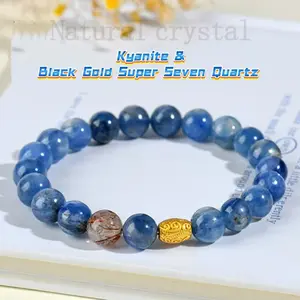 Kyanite 8mm Natural Crystal Blue Beaded Bracelet - Handmade with Black Gold Super Seven, Premium Grade Stretch Gemstone Bracelet, US
