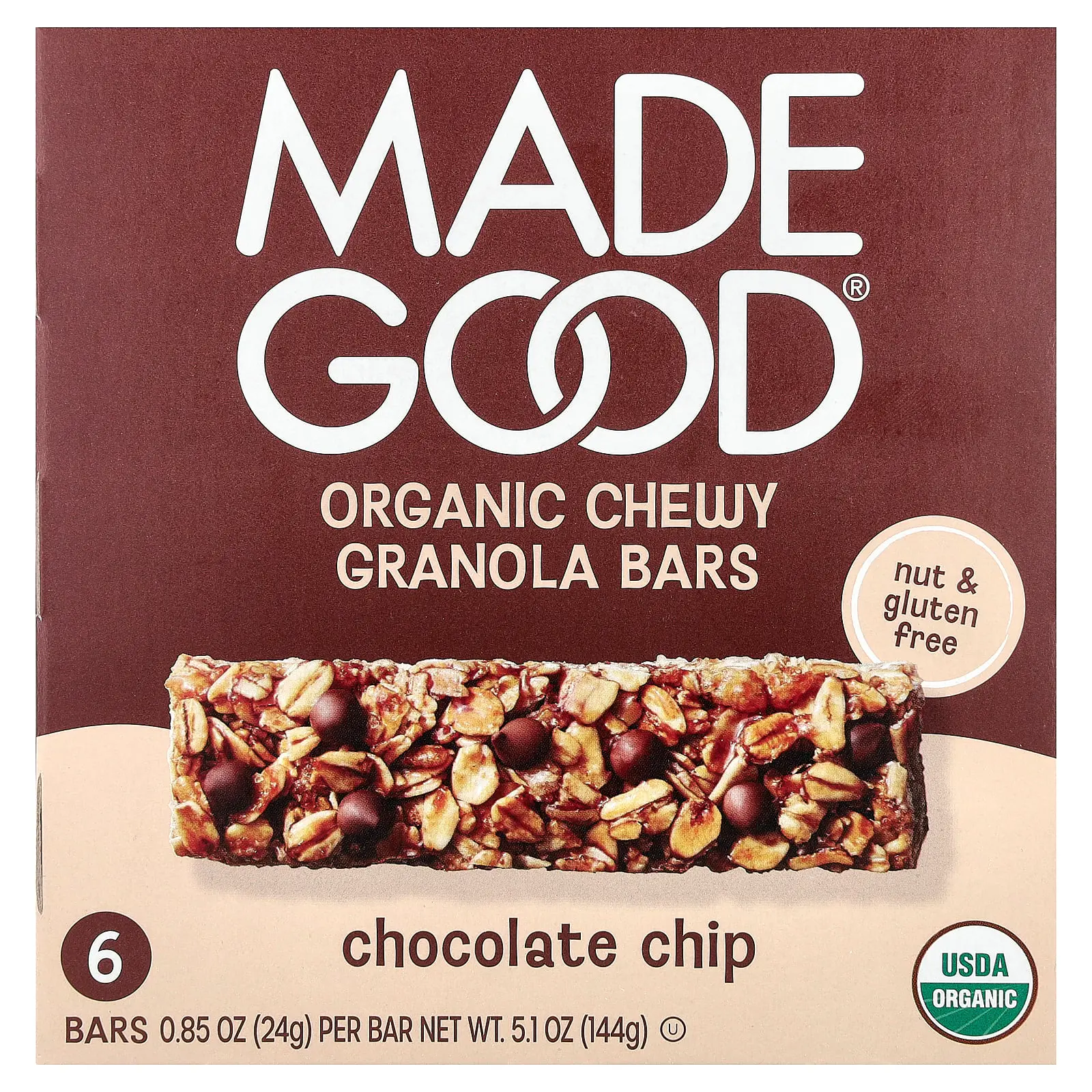 MadeGood Organic Chewy Granola Bars, Chocolate Chip, 6 Bars, 0.85 oz (24 g) Each MadeGood Organic Chewy Granola Bars, Chocolate Chip, 6 Bars, 0.85 oz (24 g) Each