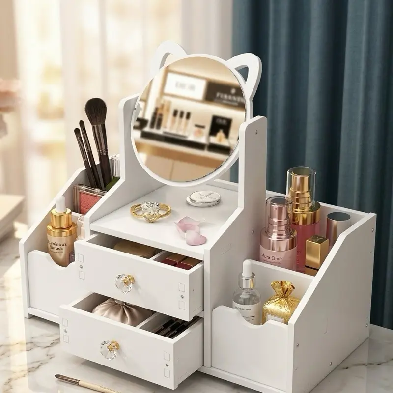 Luxurious White Wooden Makeup Organizer with Large Capacity, Multiple Functions, Drawers, Dustproof Cover, and Mirror