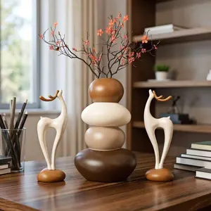 3-Piece Minimalist Muted Color Deer and Stack Stone Decor Set, Nordic Style Home Decoration Statue for Living Room Shelf, Bedroom Desk, Nordic Charm