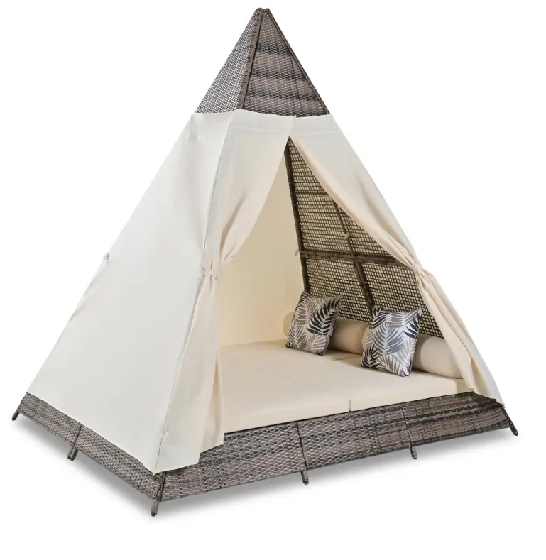 GO 90.5" Length Outdoor Sunbed With Colorful Pillows, Wicker Patio Daybed With Cushions, Tent Shape, Brown and Beige