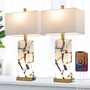 GALENTAL 25.6" Alabaster Lamp, Natural Marble Table Lamps 2 P, 3-Color Temperatures Lamp with Nightlight, Modern Table Lamp, Nightstand Lamp, Bedside Lamps with 2 USB Ports, Bedroom Lamps for Night Stands, End Table Lamps for Living Room, Bulbs Included