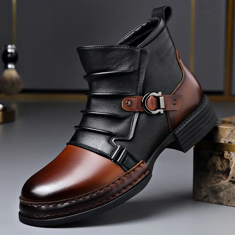 Men’s new retro high-top casual leather shoes — stylish, versatile two-tone short boots