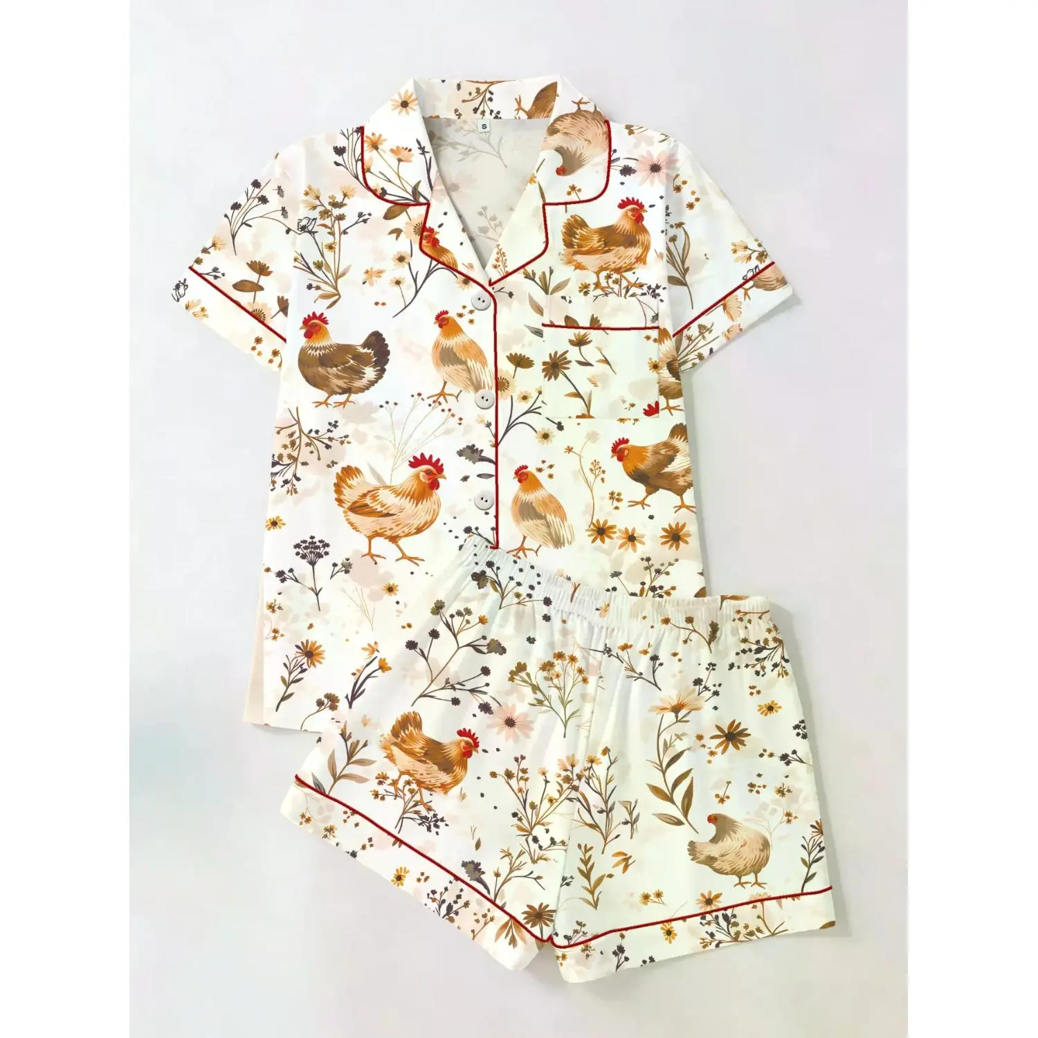 Charming Farmhouse Rooster Floral Print Two-Piece Short Sleeve Top & Shorts Set, Vintage Country Style Women's Casual Sleepwear Loungewear Pajama Outfit